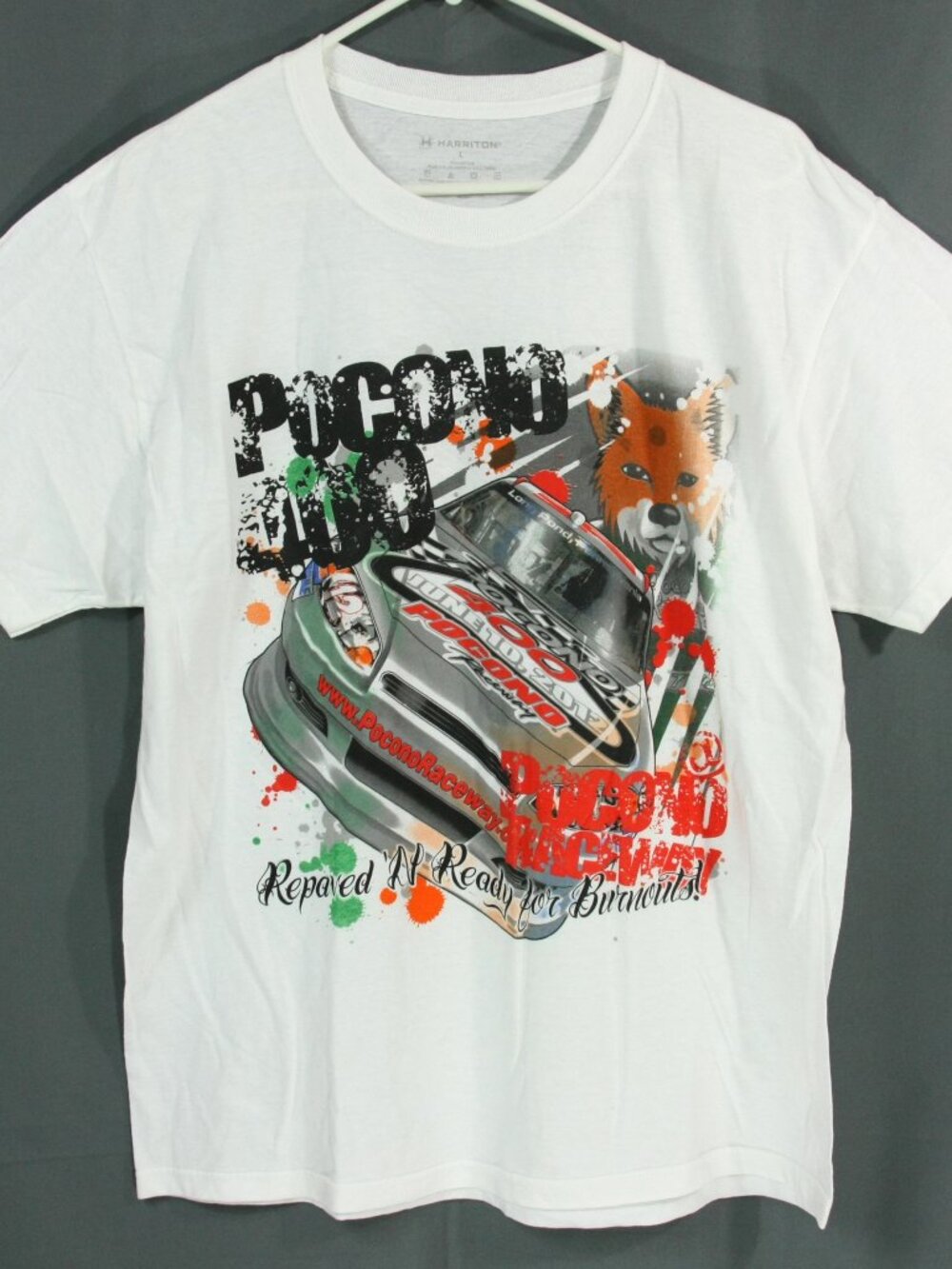 Pocono Raceway 400 Fox Harriton Mens 100% Cotton Graphic T Shirt White L Racing